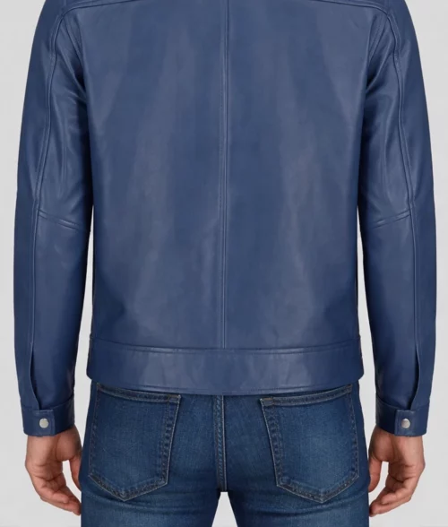 Harrison Men's Blue Harrington Leather Jacket - Back Zoom