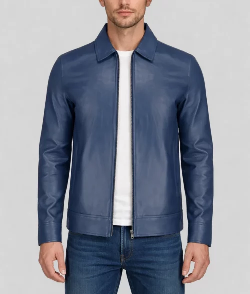 Harrison Men's Blue Harrington Leather Jacket - Front