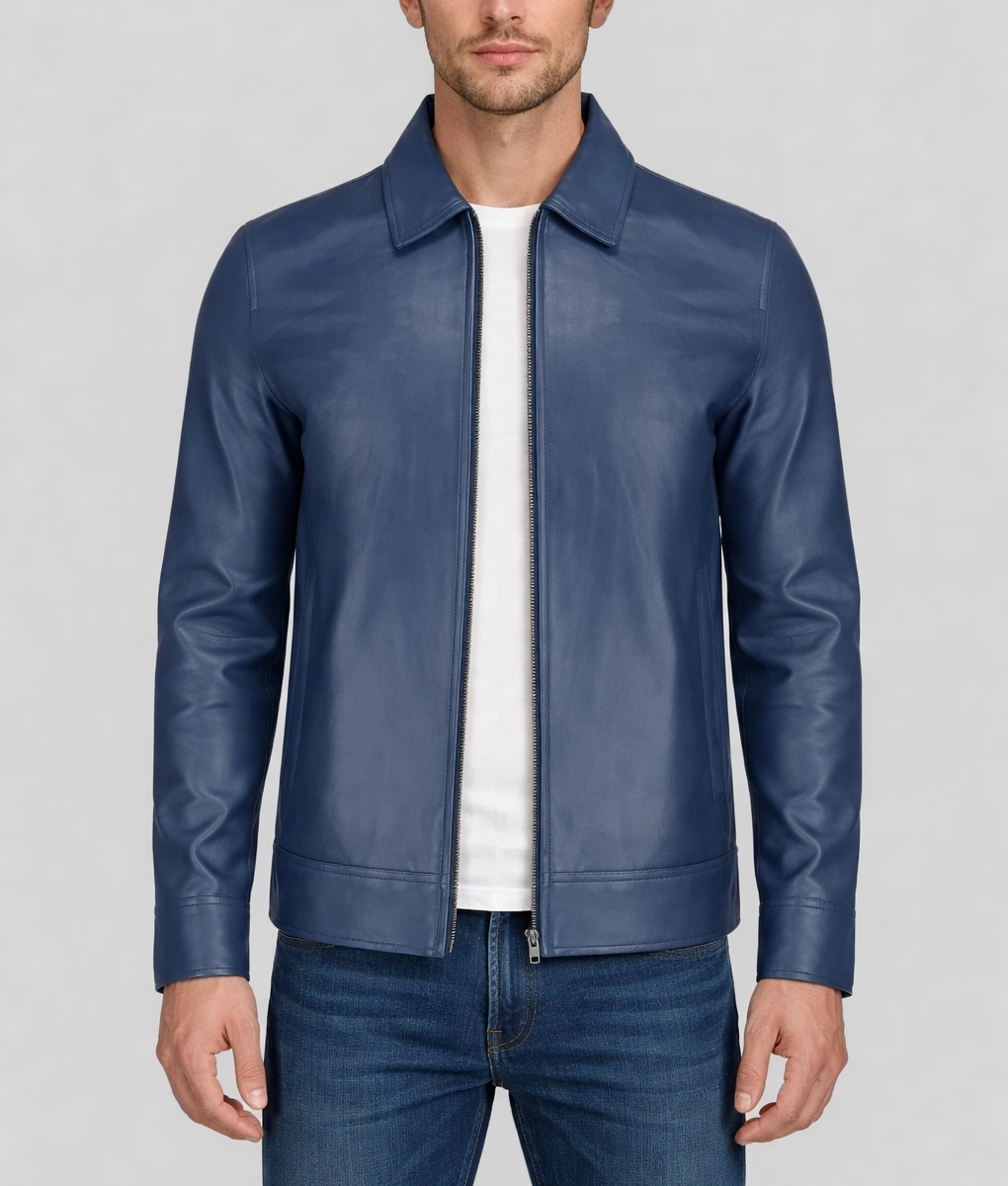 Harrison Men's Blue Harrington Leather Jacket - Front