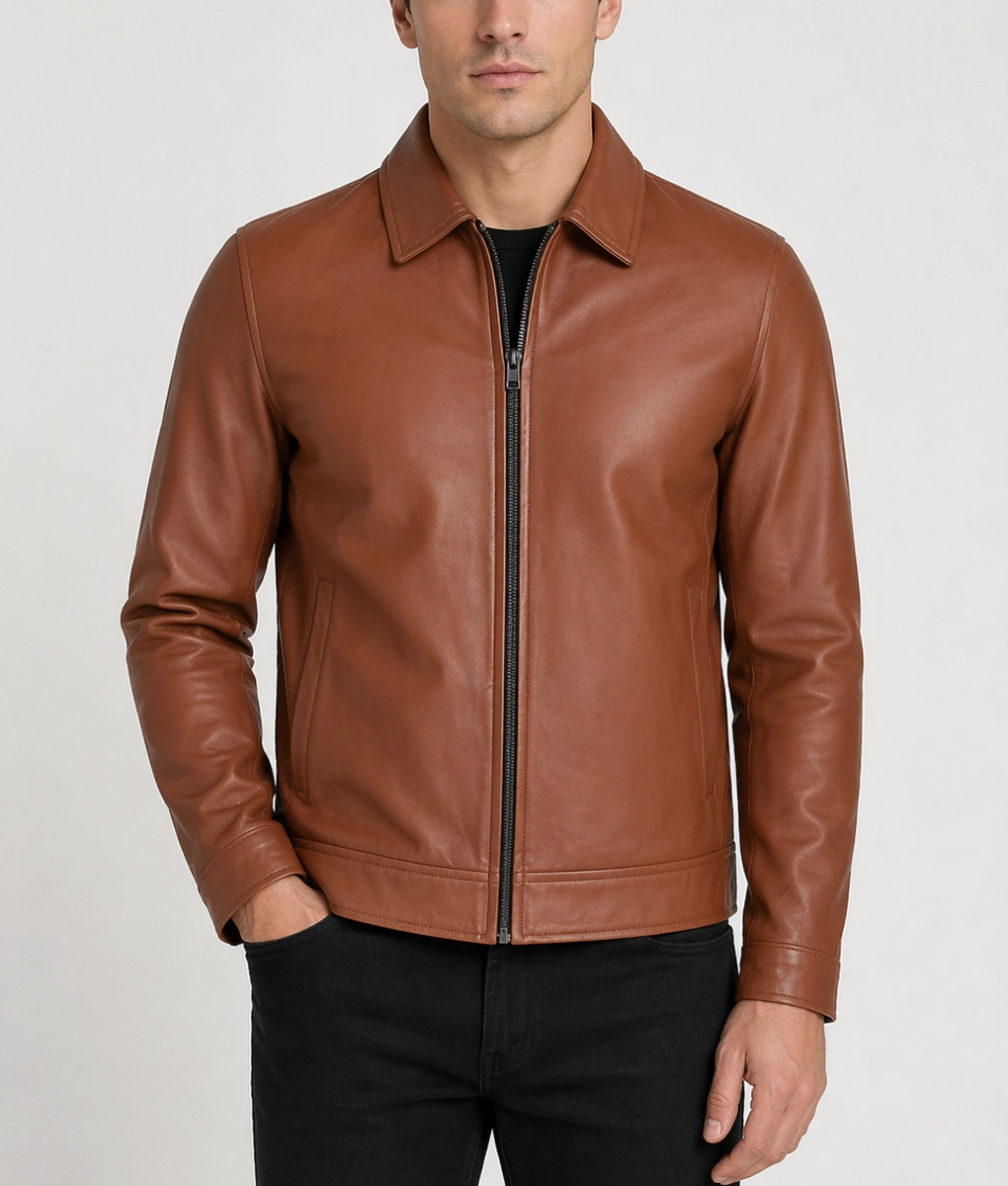 Harrison Men's Brown Harrington Leather Jacket | Brown Collar
