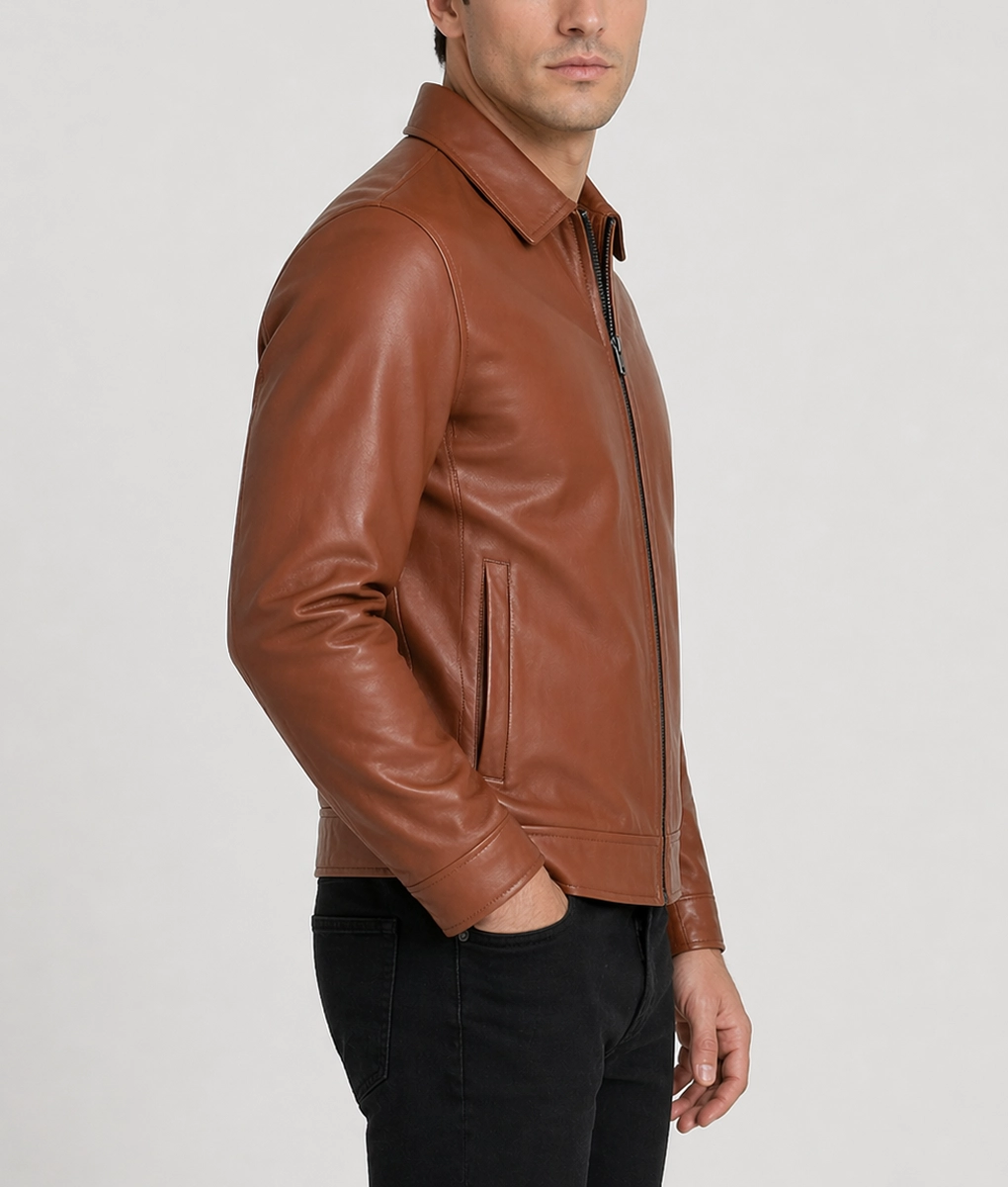 Harrison Men's Brown Harrington Leather Jacket - Side View