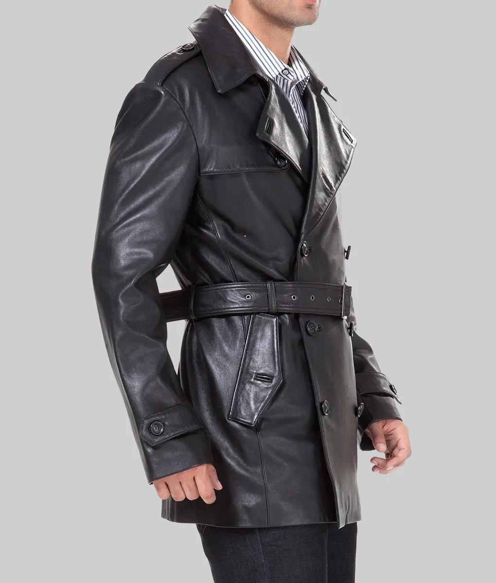 In the Hand of Dante Gerard Butler Black Leather Coat - In the Hand of Dante Gerard Butler Black Leather Coat - Side View