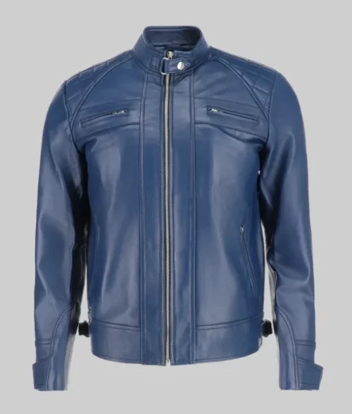 James Men’s Blue Quilted Leather Moto Cafe Racer Jacket Men's Quilted Biker Jacket