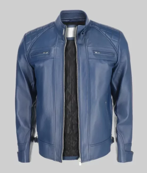 James Men’s Blue Quilted Leather Moto Cafe Racer Jacket Men's Quilted Biker Jacket