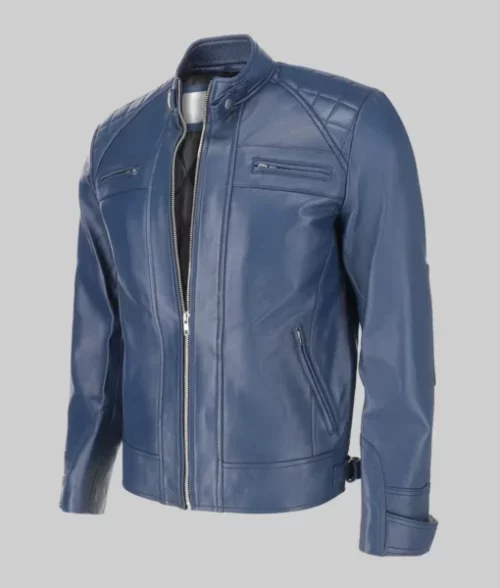 James Men’s Blue Quilted Leather Moto Cafe Racer Jacket Men's Quilted Biker Jacket