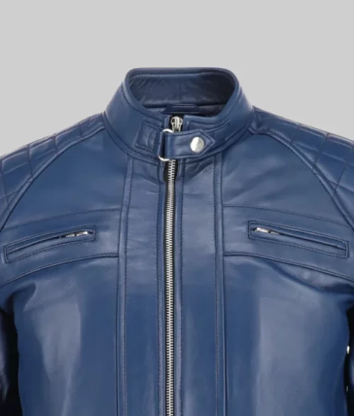James Men’s Blue Quilted Leather Moto Cafe Racer Jacket Men's Quilted Biker Jacket