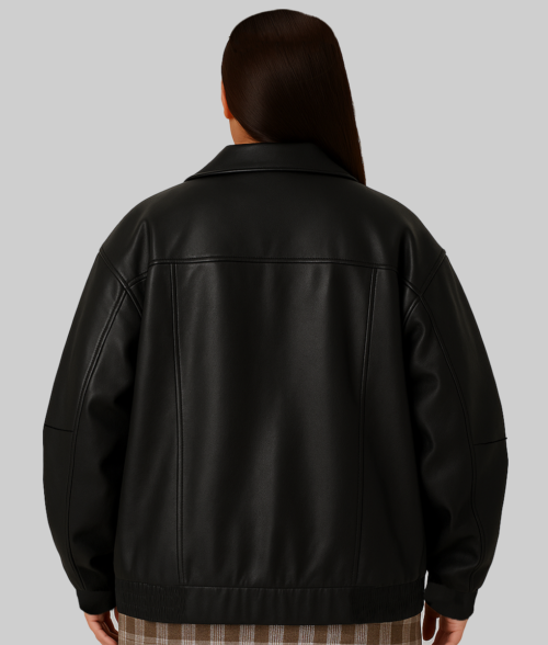 Jane Women's Black Collar Oversized Bomber Leather Jacket-BackView