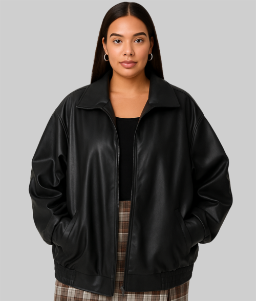 Jane Women's Black Collar Oversized Bomber Leather Jacket