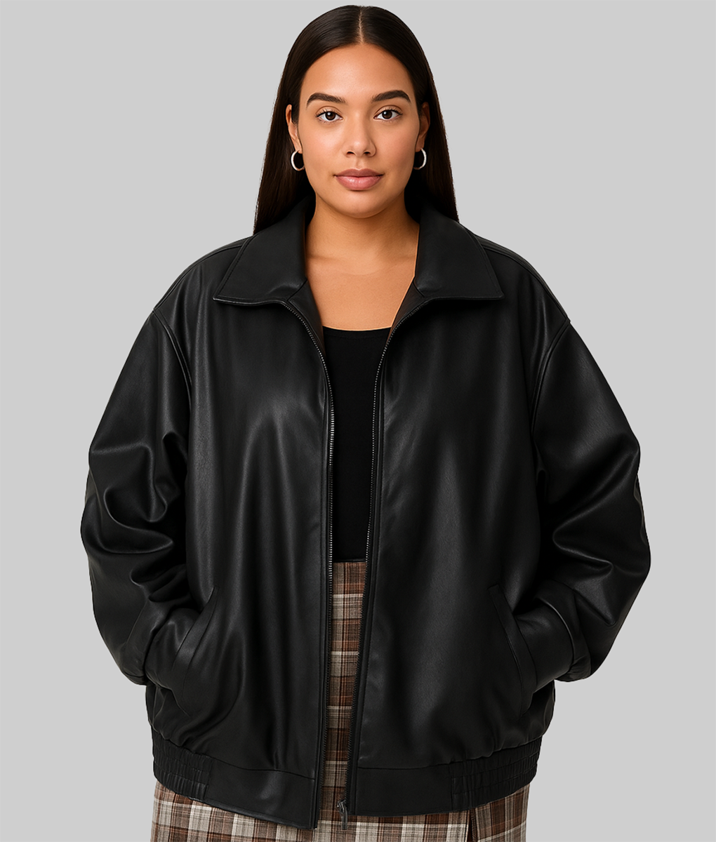 Jane Women's Black Collar Oversized Bomber Leather Jacket
