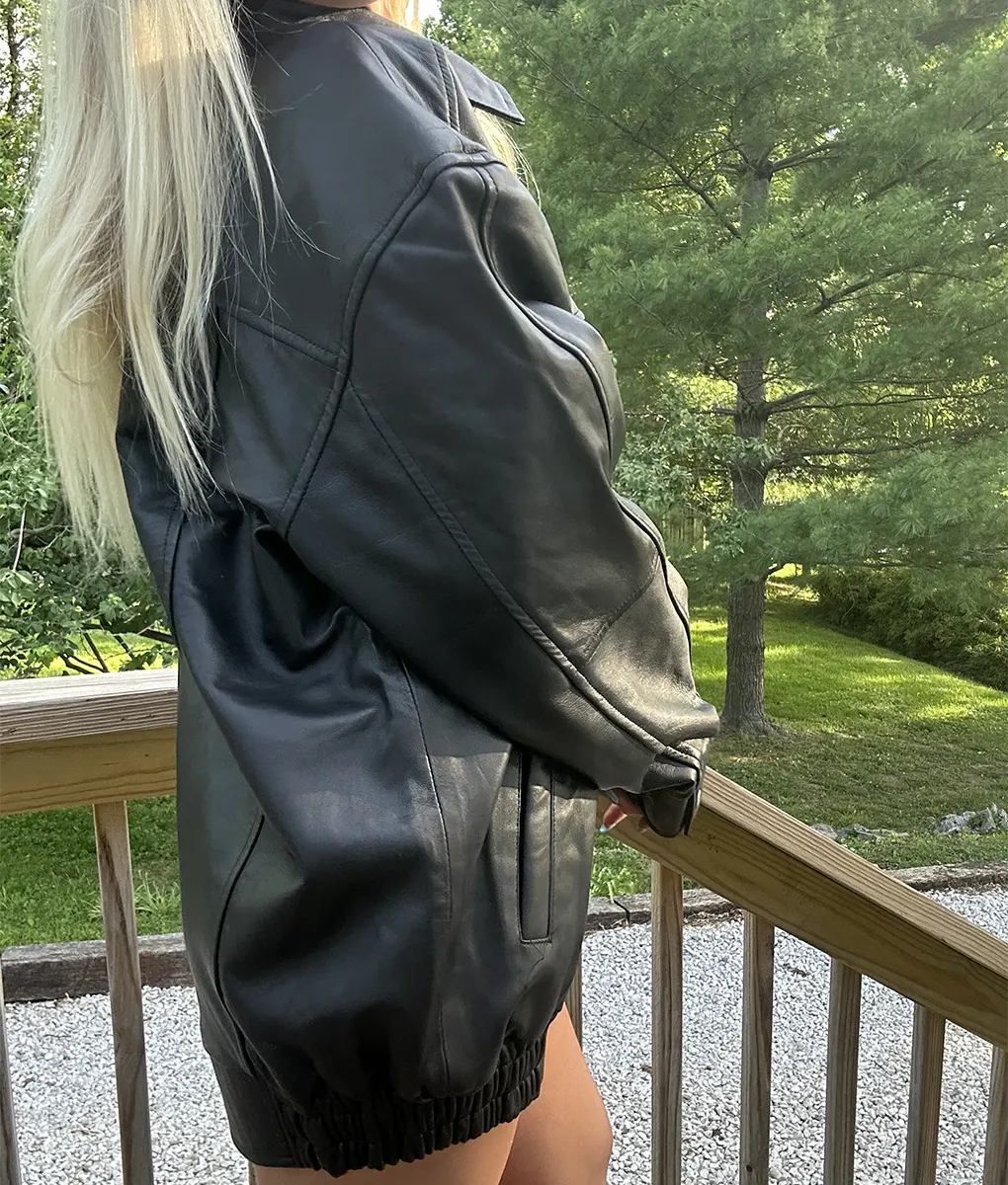 Jane Women's Black Collar Oversized Bomber Leather Jacket Model (3)
