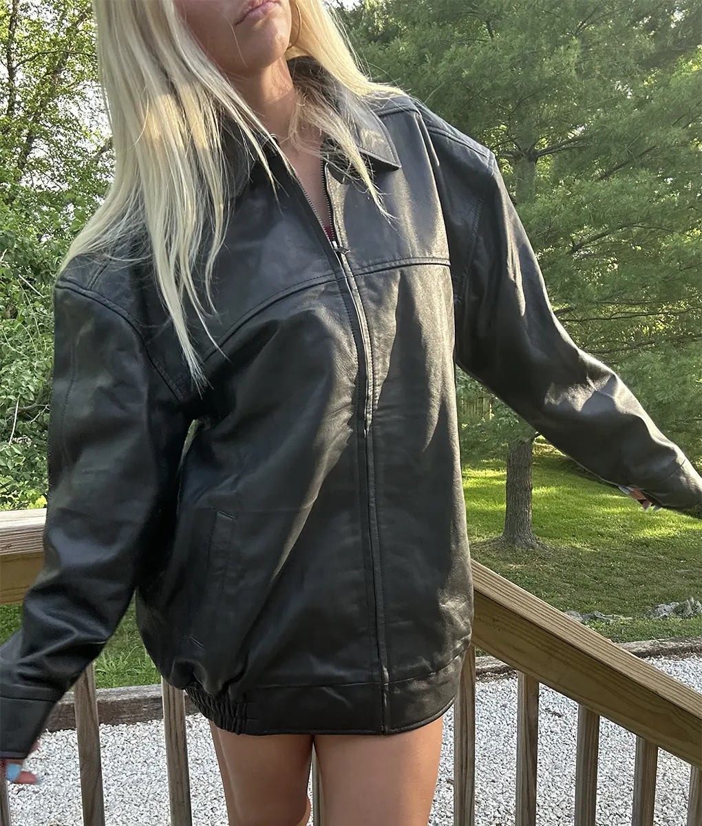 Jane Women's Black Collar Oversized Bomber Leather Jacket Model (4)
