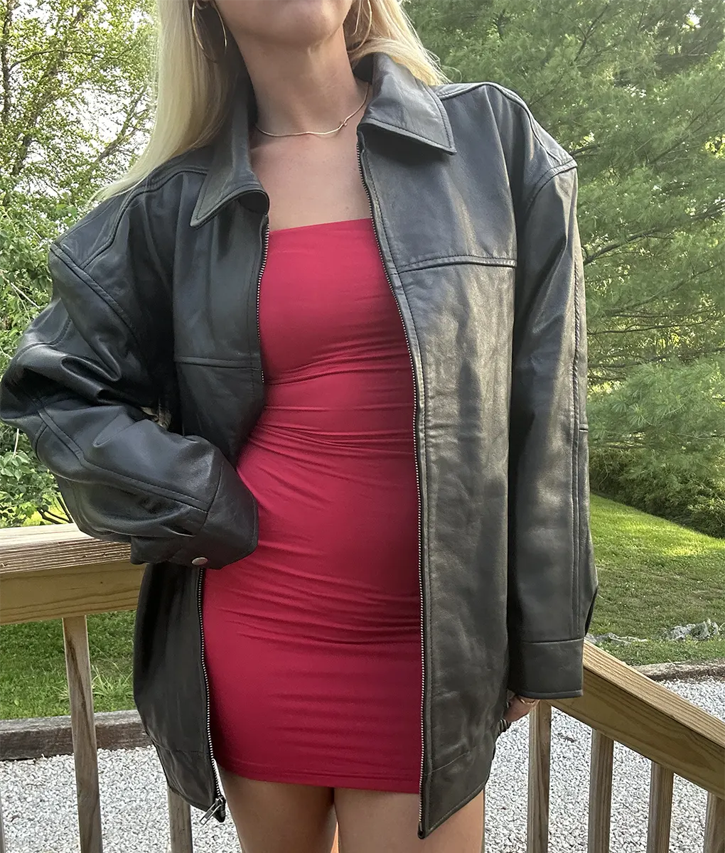 Jane Women's Black Collar Oversized Bomber Leather Jacket Model (5)