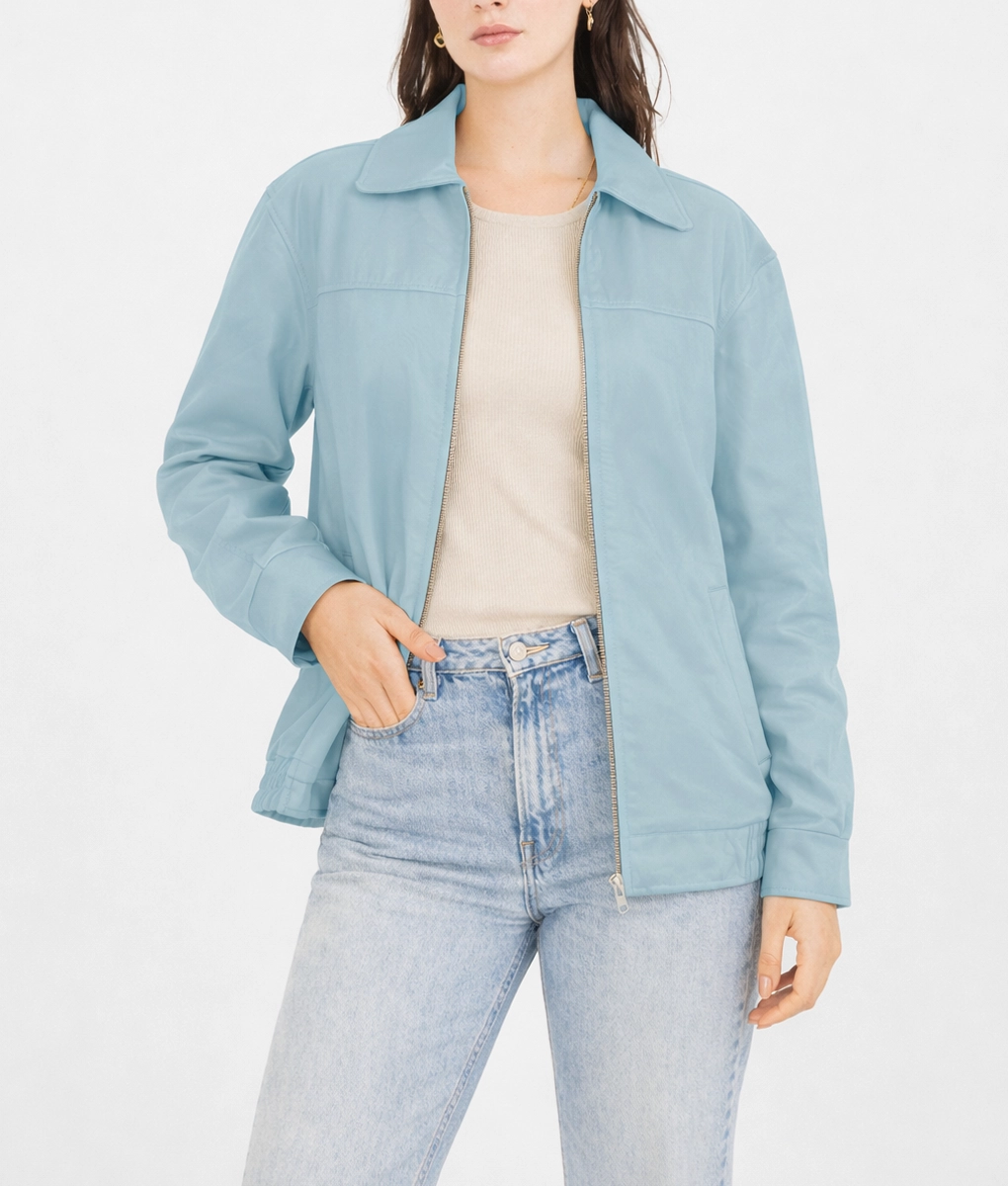 Jane Women's Pastel Blue Oversized Bomber Leather Jacket-1