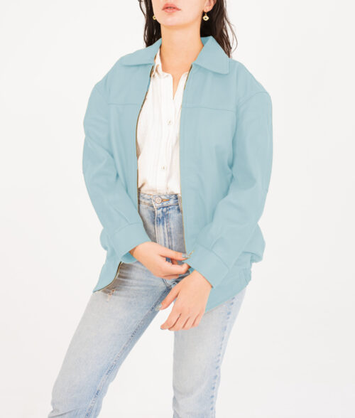 Jane Women's Pastel Blue Collar Oversized Bomber Leather Jacket Women's Oversized Harrington Leather Jacket The Leather City