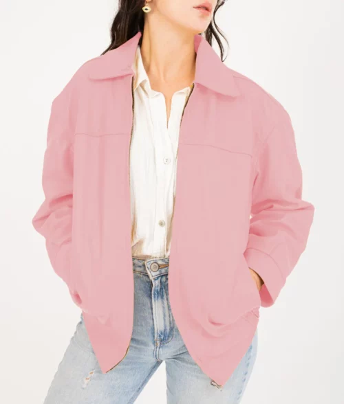 Jane Women's Pastel Pink Collar Oversized Bomber Leather Jacket Women's Oversized Harrington Leather Jacket The Leather City