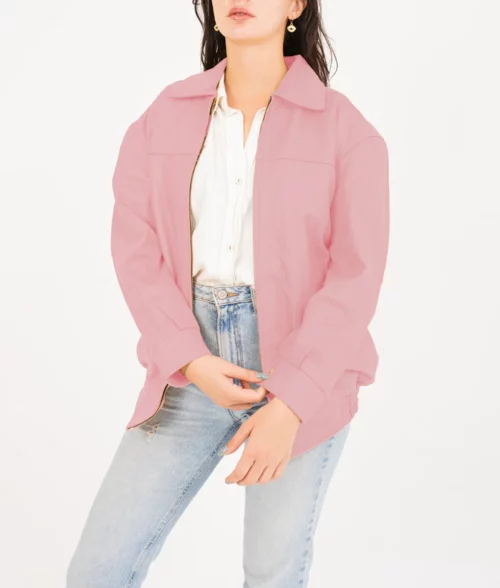 Jane Women's Pastel Pink Collar Oversized Bomber Leather Jacket Women's Oversized Harrington Leather Jacket The Leather City