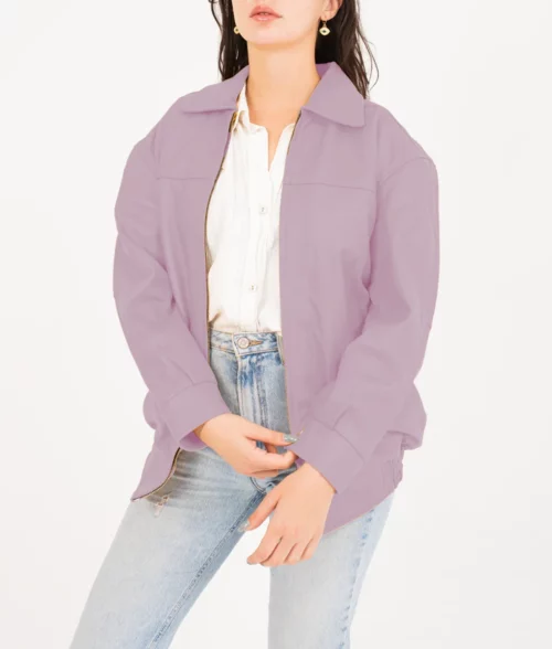 Jane Women's Pastel Purple Collar Oversized Bomber Leather Jacket Women's Oversized Harrington Leather Jacket The Leather City