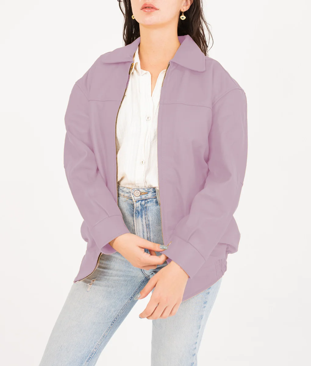 Jane Women's Pastel Purple Collar Oversized Bomber Leather Jacket Women's Oversized Harrington Leather Jacket The Leather City
