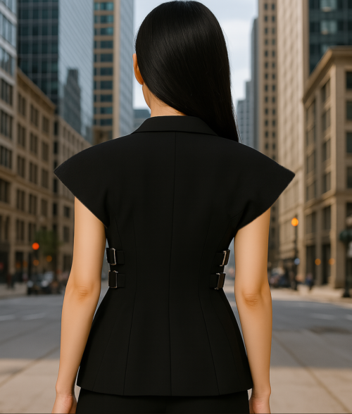 Jenna Ortega Black Sleeveless Blazer-Back View