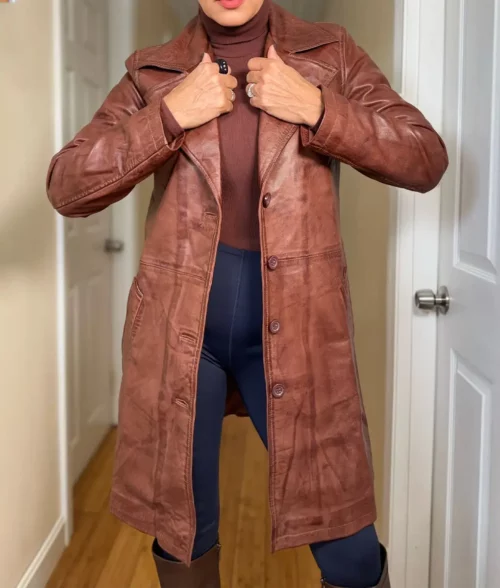 Jenna Women's Minimalist Brown Leather Trench Coat