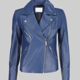 Lily Women’s Blue Asymmetrical Real Leather Motorcycle Jacket