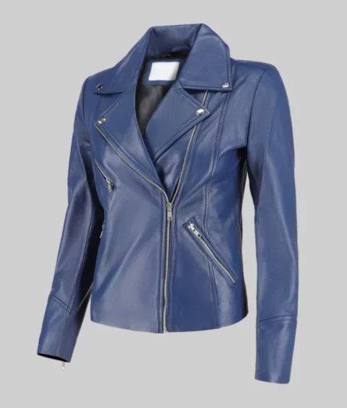 Jill Women's Blue Moto Asymmetrical Double Rider Leather Jacket Women's Minimalist Blue Biker Jacket The Leather City