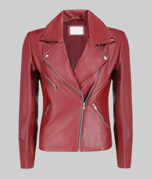 Jill Women's Maroon Moto Asymmetrical Double Rider Leather Jacket Women's Minimalist Maroon Biker Jacket The Leather City