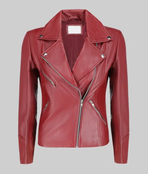 Jill Women's Maroon Moto Asymmetrical Double Rider Leather Jacket Women's Minimalist Maroon Biker Jacket The Leather City