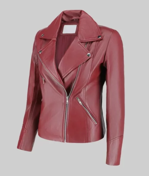 Jill Women's Maroon Moto Asymmetrical Double Rider Leather Jacket Women's Minimalist Maroon Biker Jacket The Leather City