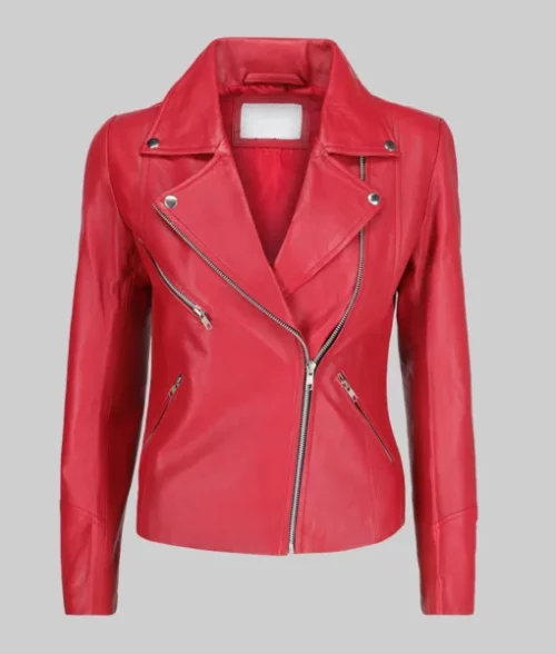 Jill Women's Red Moto Asymmetrical Double Rider Leather Jacket Women's Minimalist Red Biker Jacket The Leather City