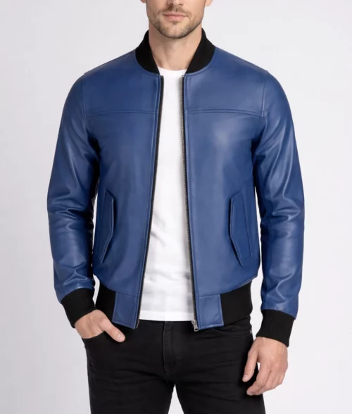 Jim Men’s Snug Fit Blue Bomber Leather Jacket | Men’s Blue Bomber Leather Jacket-2