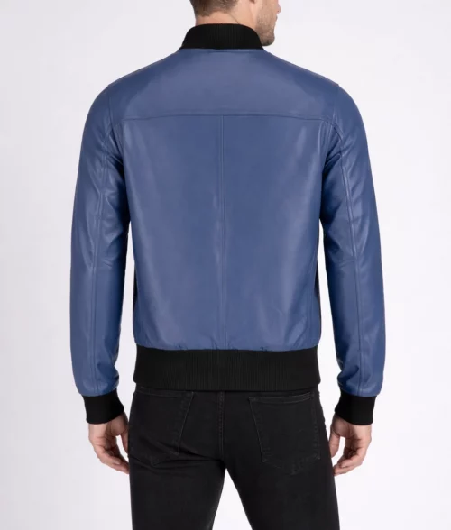 Jim Men’s Snug Fit Blue Bomber Leather Jacket | Men’s Blue Bomber Leather Jacket-3