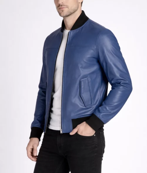 Jim Men’s Snug Fit Blue Bomber Leather Jacket | Men’s Blue Bomber Leather Jacket-4