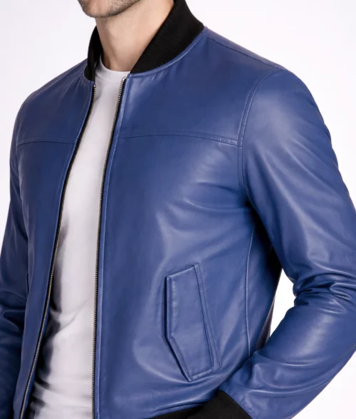 Jim Men’s Snug Fit Blue Bomber Leather Jacket | Men’s Blue Bomber Leather Jacket-5
