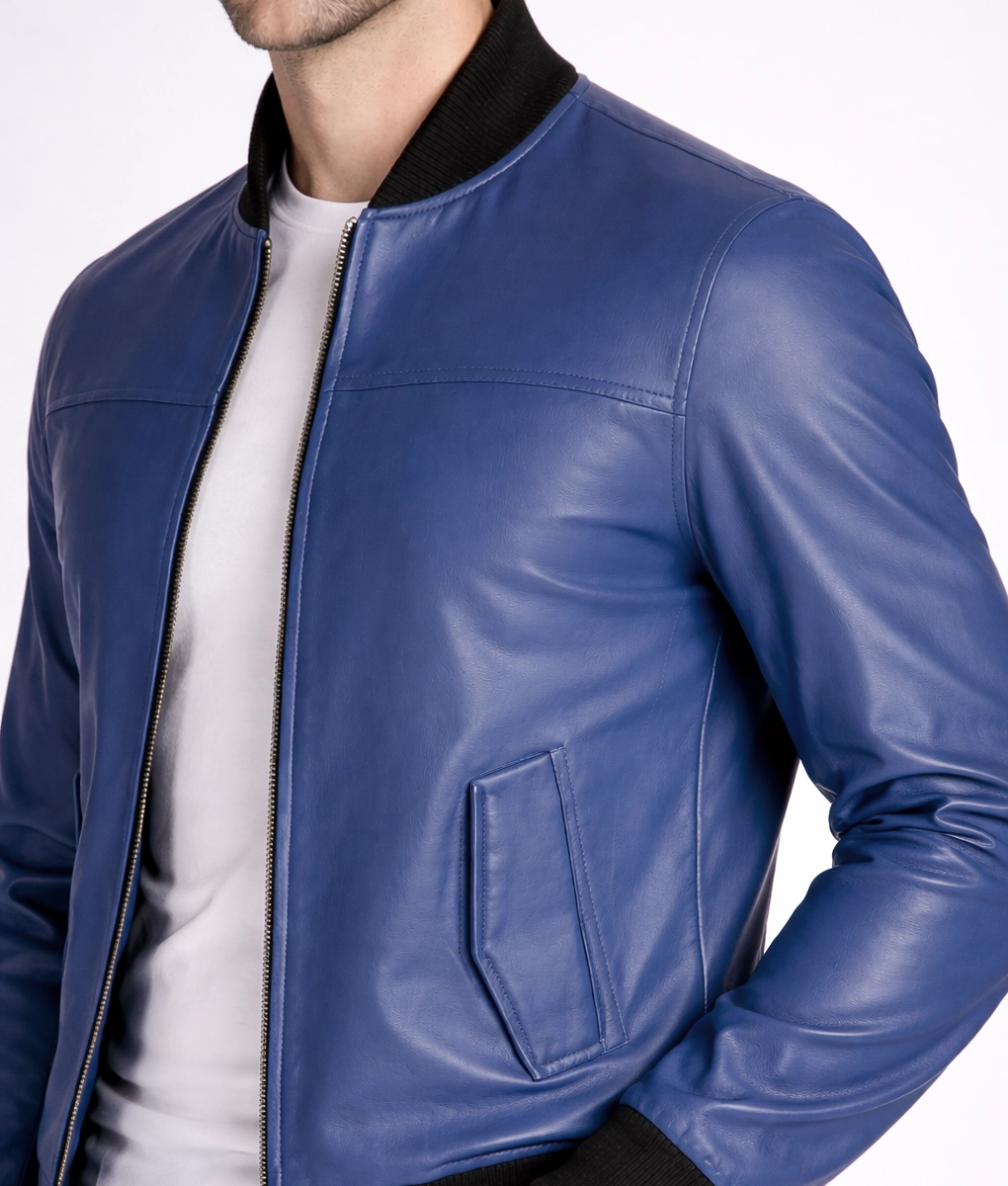 Jim Men’s Snug Fit Blue Bomber Leather Jacket | Men’s Blue Bomber Leather Jacket-5