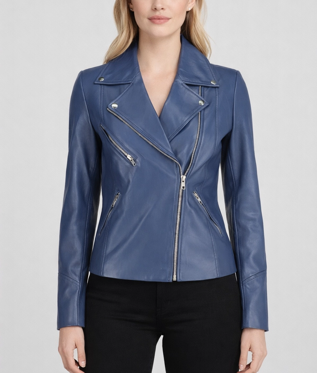 Lily Women’s Blue Asymmetrical Real Leather Motorcycle Jacket-3
