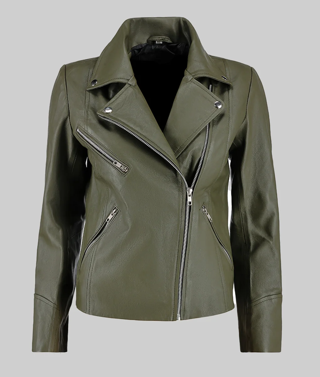 Lily Women's Green Asymmetrical Leather Motorcycle Jacket