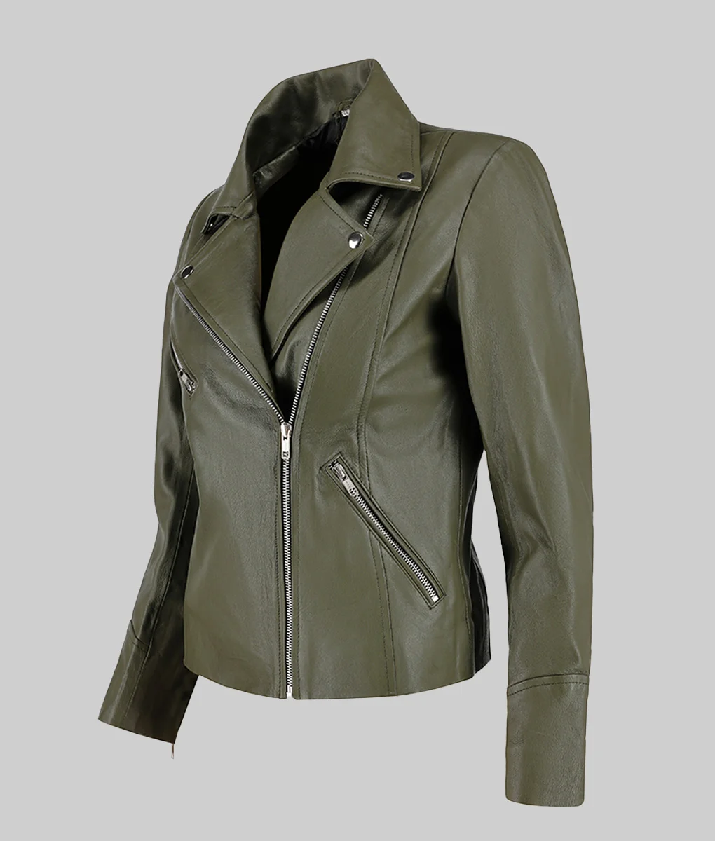 Lily Women's Green Asymmetrical Leather Motorcycle Jacket - The Leather City