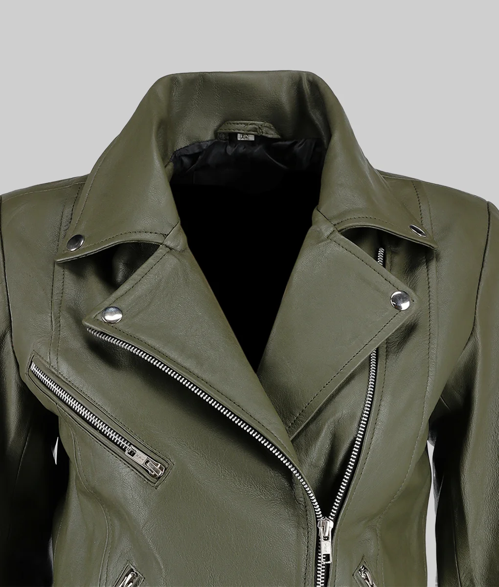 Lily Women's Green Asymmetrical Leather Motorcycle Jacket - The Leather City