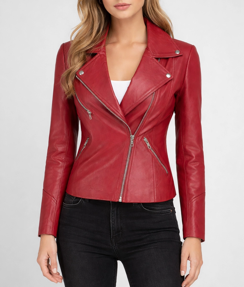Lily Women's Maroon Biker Leather Jacket-2