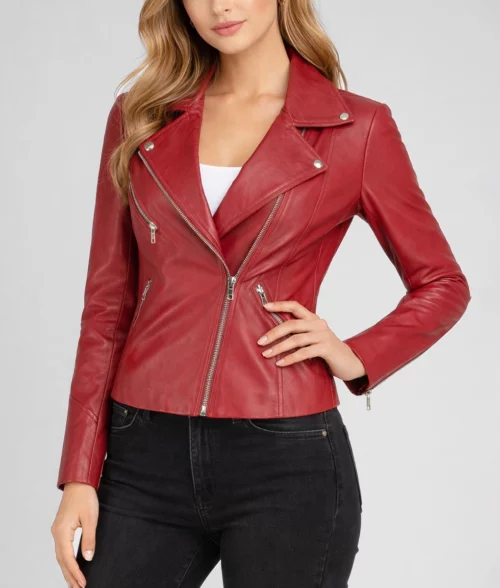 Lily Women's Maroon Biker Leather Jacket-1