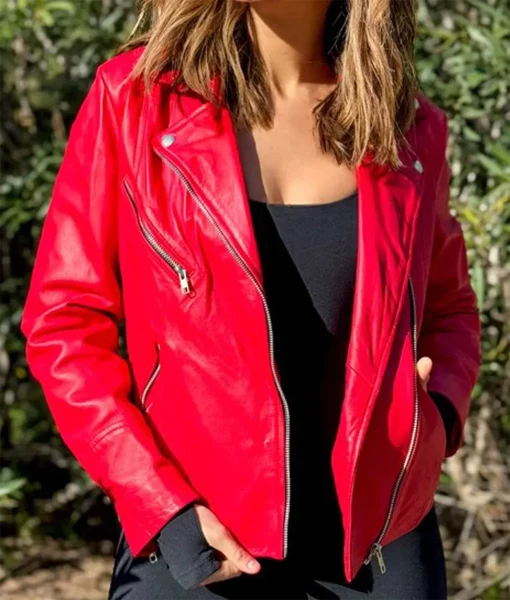 Lily Women's Real Red Asymmetrical Leather Biker Jacket - The