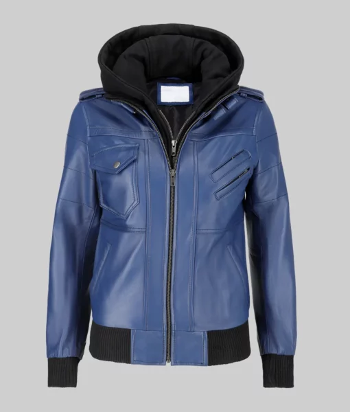 Linda Women's Blue Hooded Biker Leather Jacket The Leather City