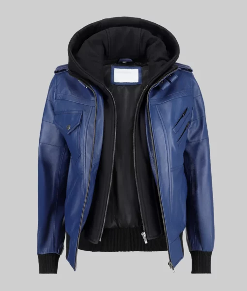 Linda Women's Blue Hooded Biker Leather Jacket The Leather City