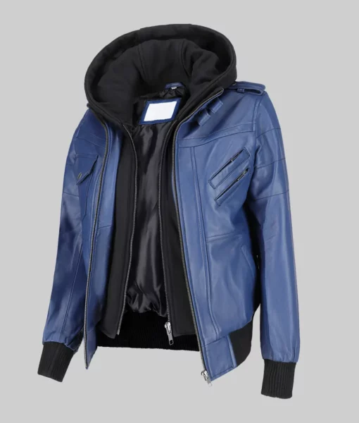 Linda Women's Blue Hooded Biker Leather Jacket The Leather City