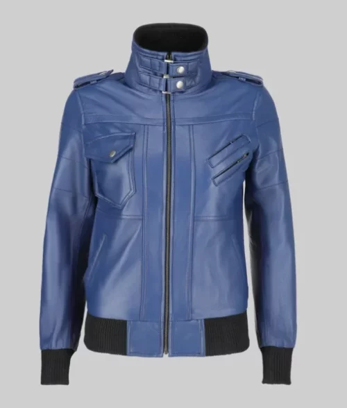 Linda Women's Blue Hooded Biker Leather Jacket The Leather City