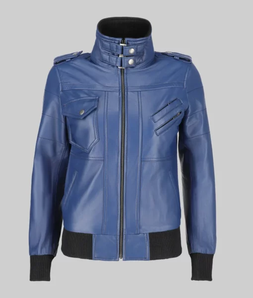 Linda Women's Blue Hooded Biker Leather Jacket The Leather City