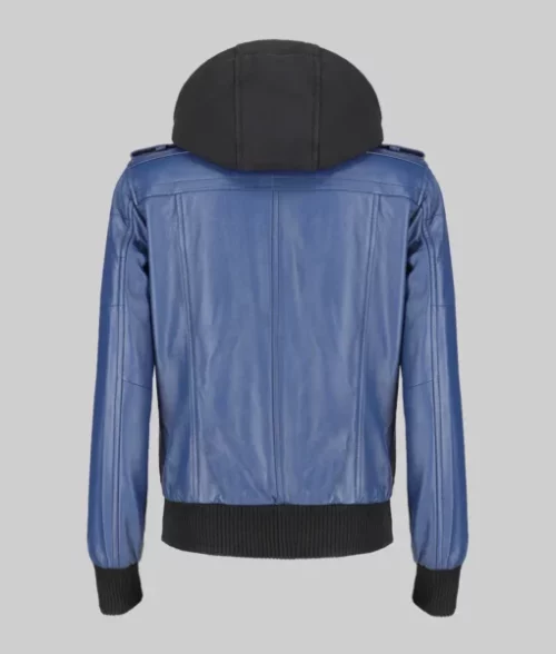 Cole Women&rsquo;s Blue Removable Hood Bomber Leather Jacket - Image 5
