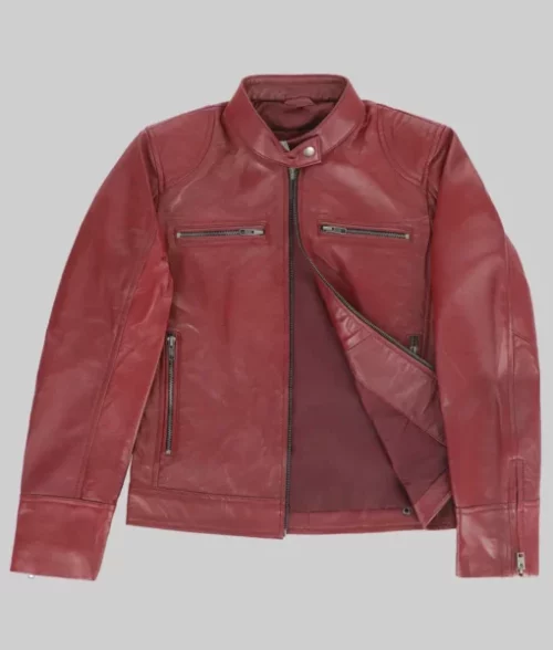 Linda Women’s Marooon Moto Leather Cafe Racer Jacket Stand Collar Marooon Women's Biker Jacket The Leather City