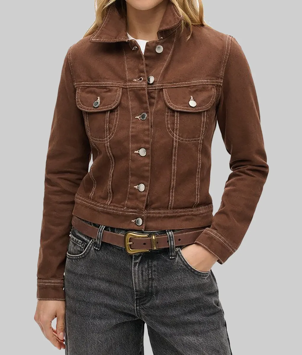 Missing You Rosalind Eleazar Denim Trucker Jacket - Missing You Rosalind Eleazar (Kat Donovan) Brown Denim Trucker Jacket - Front View